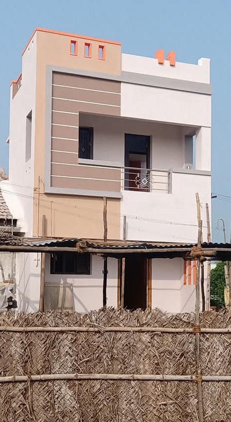 Completed G+1 modern residence with orange accent elevation in Kumbakonam
