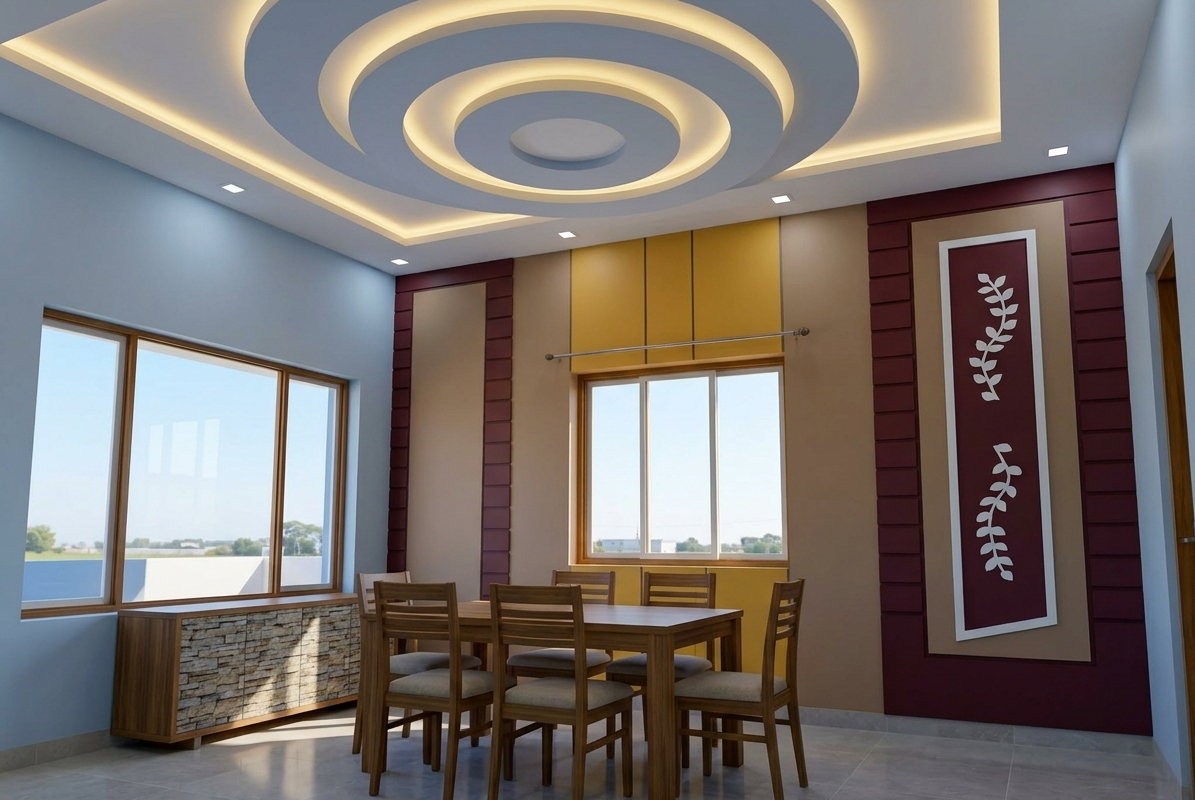 Interior design render — dining room with circular LED false ceiling, wooden dining set and decorative maroon feature wall, Mannarkudi