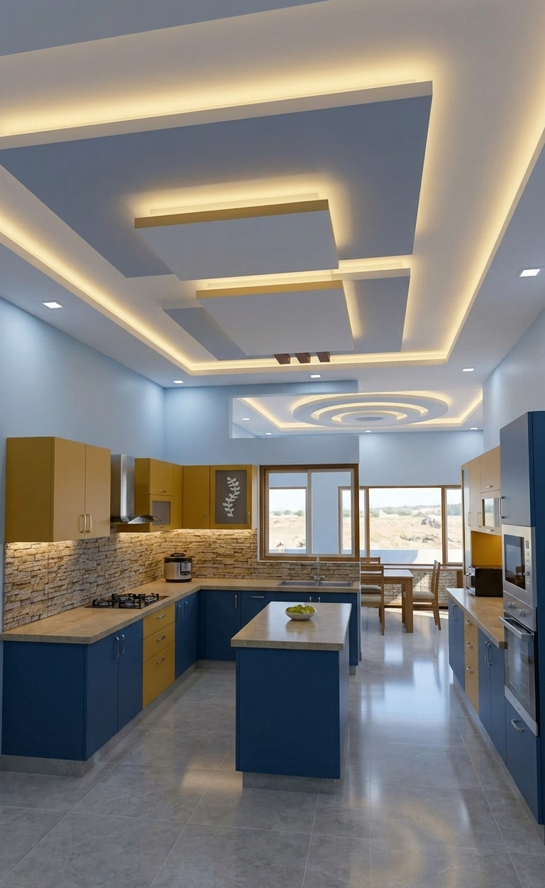 Mannarkudi interior design — modular kitchen with blue and yellow cabinets, island counter, LED false ceiling and stone backsplash
