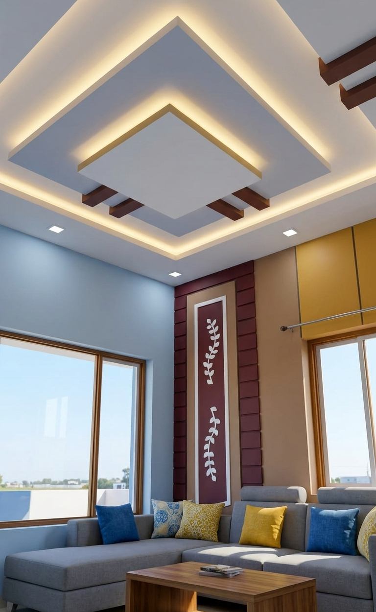 Mannarkudi interior design — living room with stepped false ceiling, LED cove lighting, L-shaped sofa and maroon feature wall with leaf motif